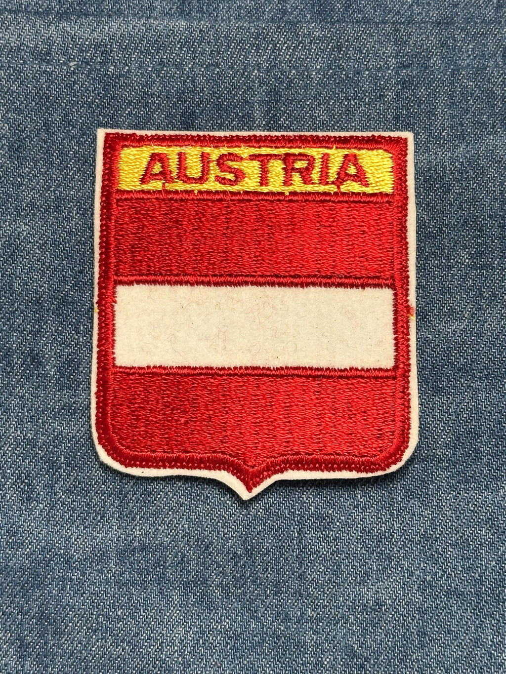 Austria Flag Iron On Patch: Red and White Embroidered - Vintage Travel Accessory