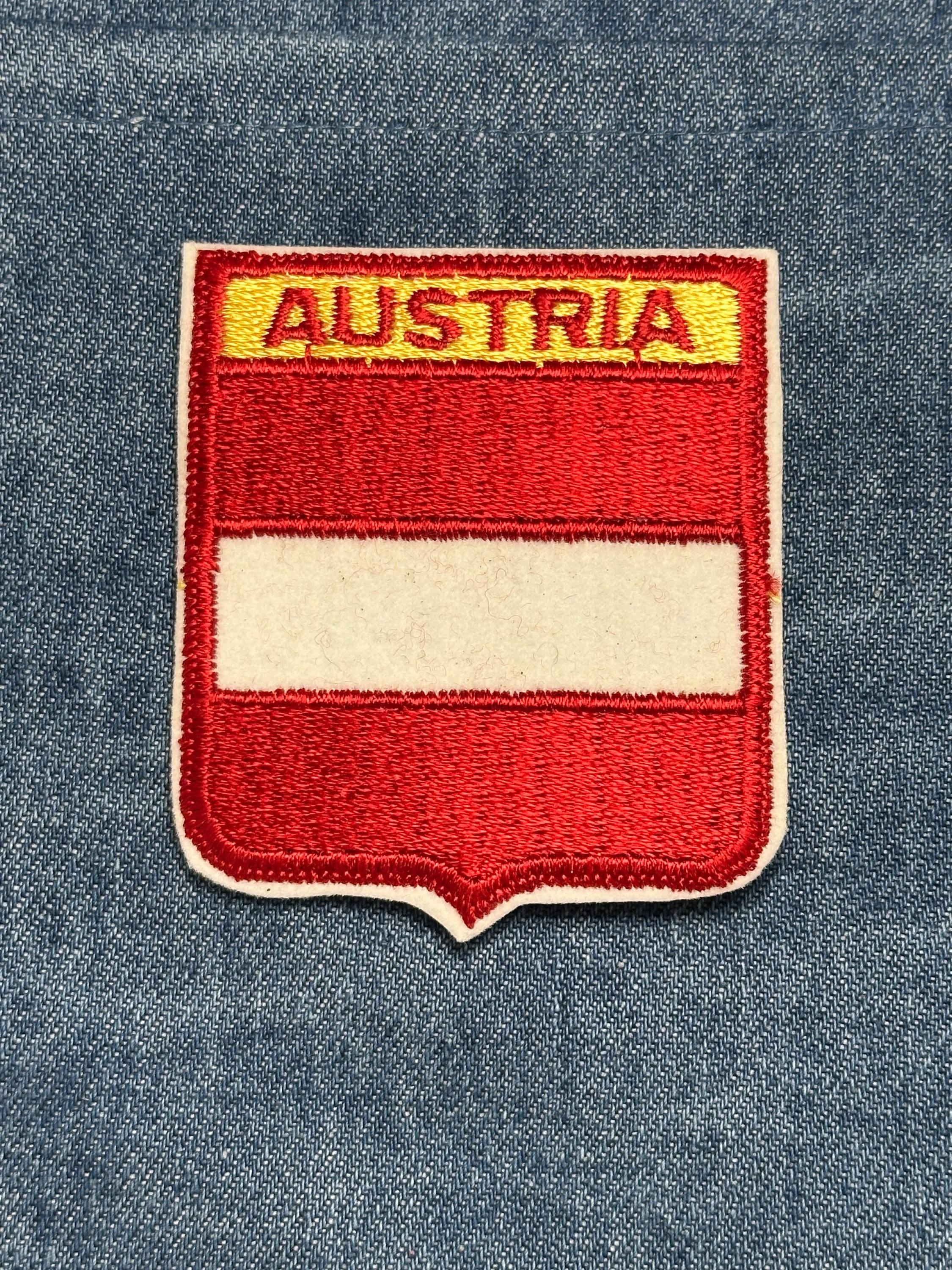 Austria Flag Iron On Patch: Red and White Embroidered - Vintage Travel Accessory