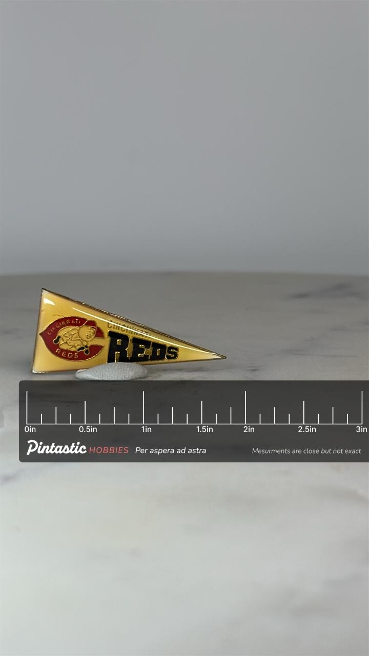 Cincinnati Reds Pennant Pin: Yellow Enamel & Gold Tone - Vintage Sports Accessory with ruler overlay for size reference