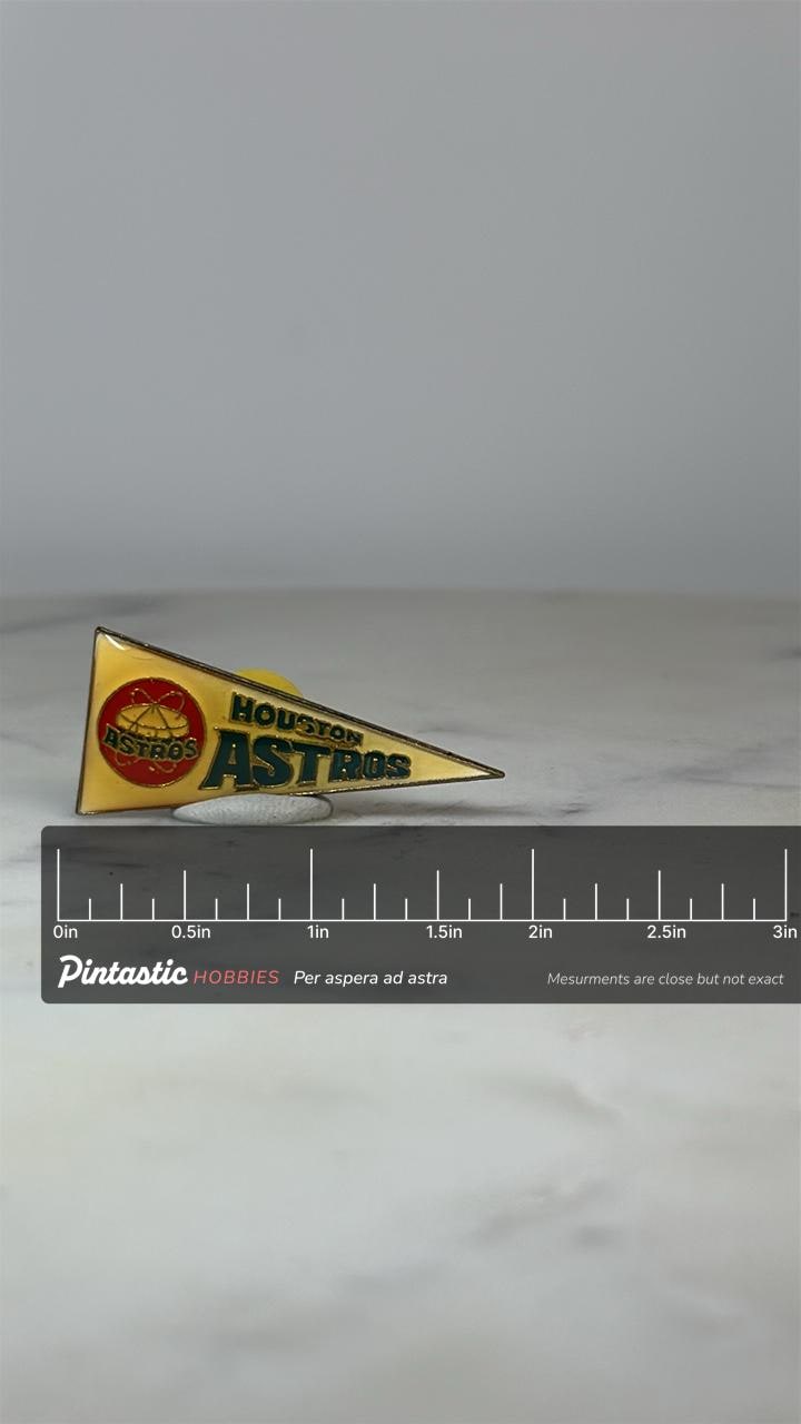 Houston Astros Pennant Pin: Yellow Enamel Vtg - Retro Baseball Accessory with ruler overlay for size reference