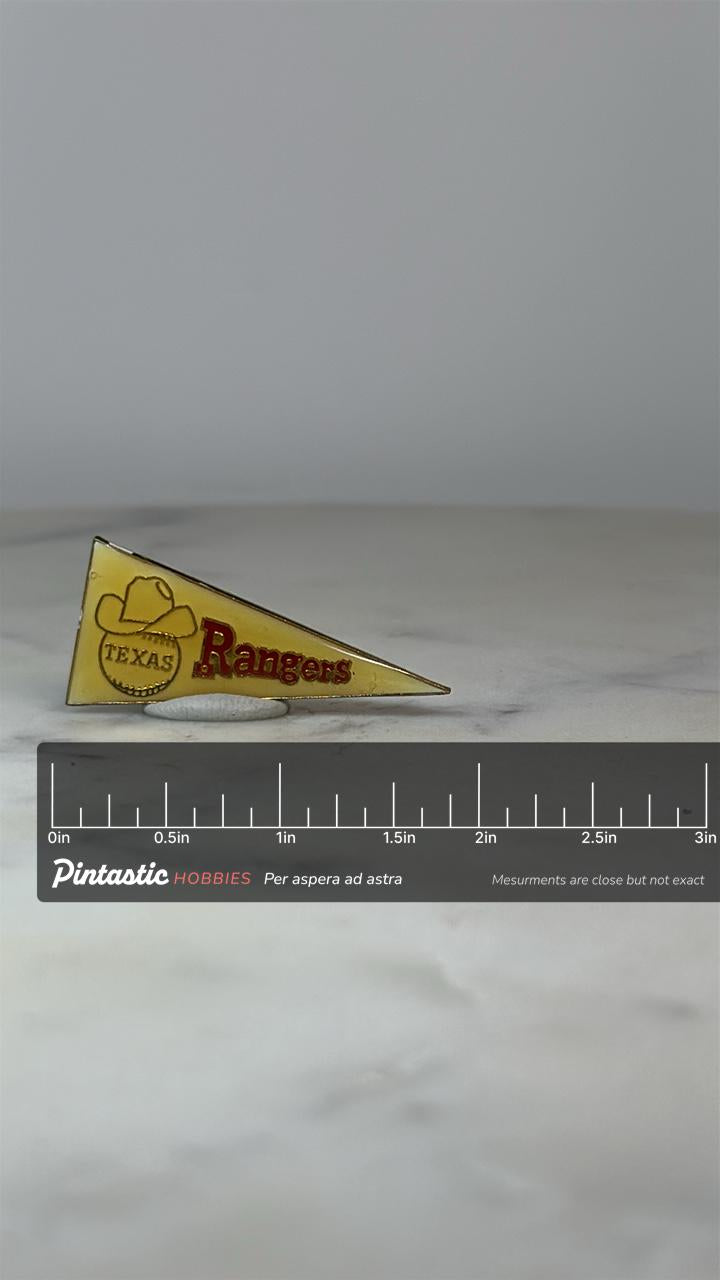 Texas Rangers Pennant Pin: Yellow Red Enamel - Vintage Sports Accessory with ruler overlay for size reference