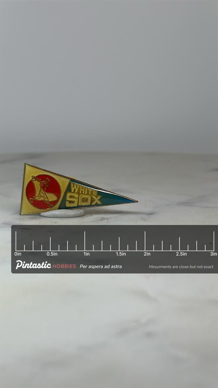 White Sox Pennant Pin: Red Yellow Enamel - Vintage Baseball Accessory with ruler overlay for size reference