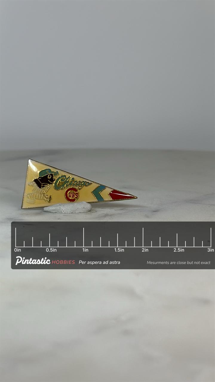 Chicago Cubs Pennant Pin: Enamel Tri-Color - Vintage Sports Accessory with ruler overlay for size reference