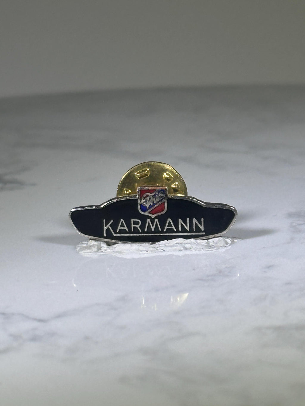 Karmann Logo Pin: Black Enamel Silver Trim - Classic Car Accessory