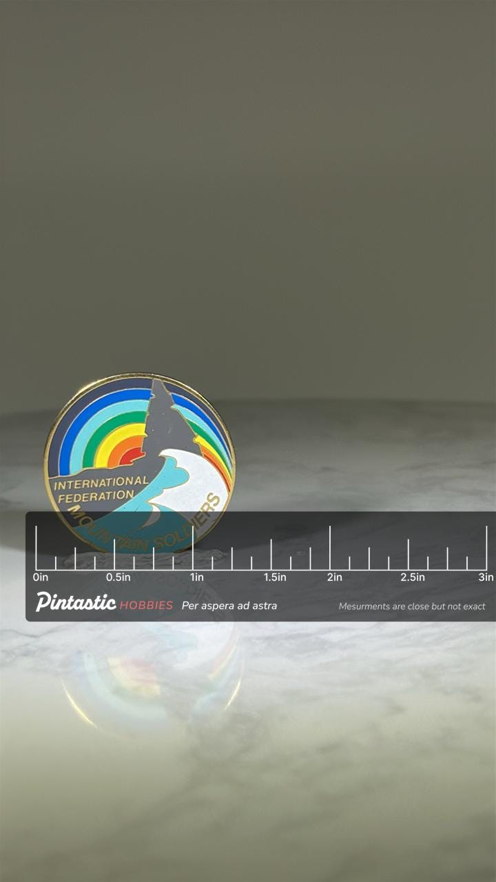 Mountain Soldiers Pin: Rainbow Enamel - Military Commemorative Accessory with ruler overlay for size reference
