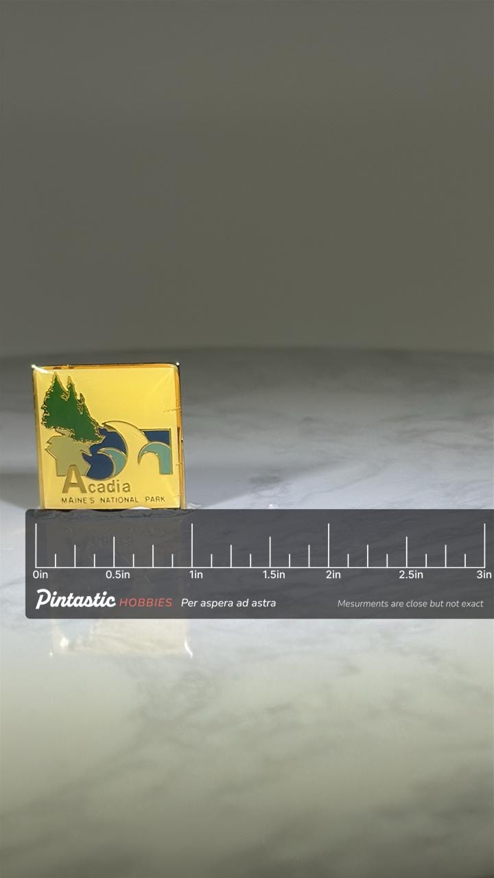 Acadia National Park Pin: Gold Enamel Finish - Nature Collectible Accessory with ruler overlay for size reference