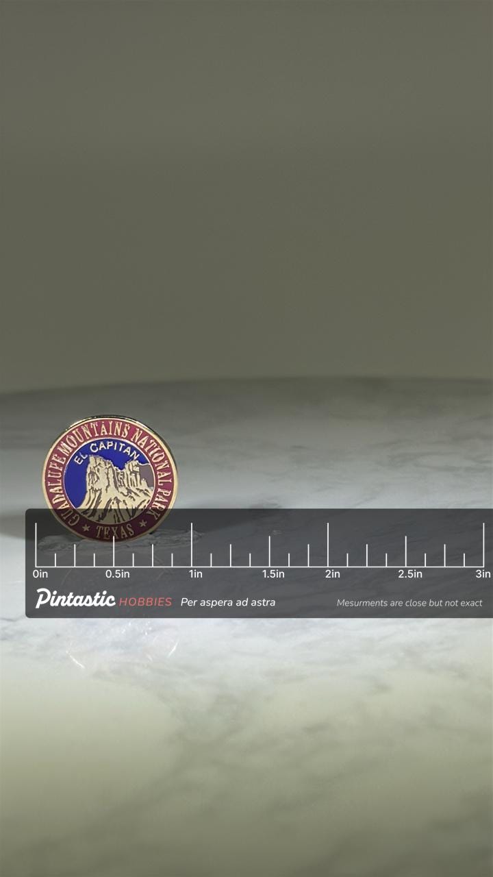 Guadalupe Mountains National Park Pin: Red Gold Enamel - Texas Travel Accessory with ruler overlay for size reference