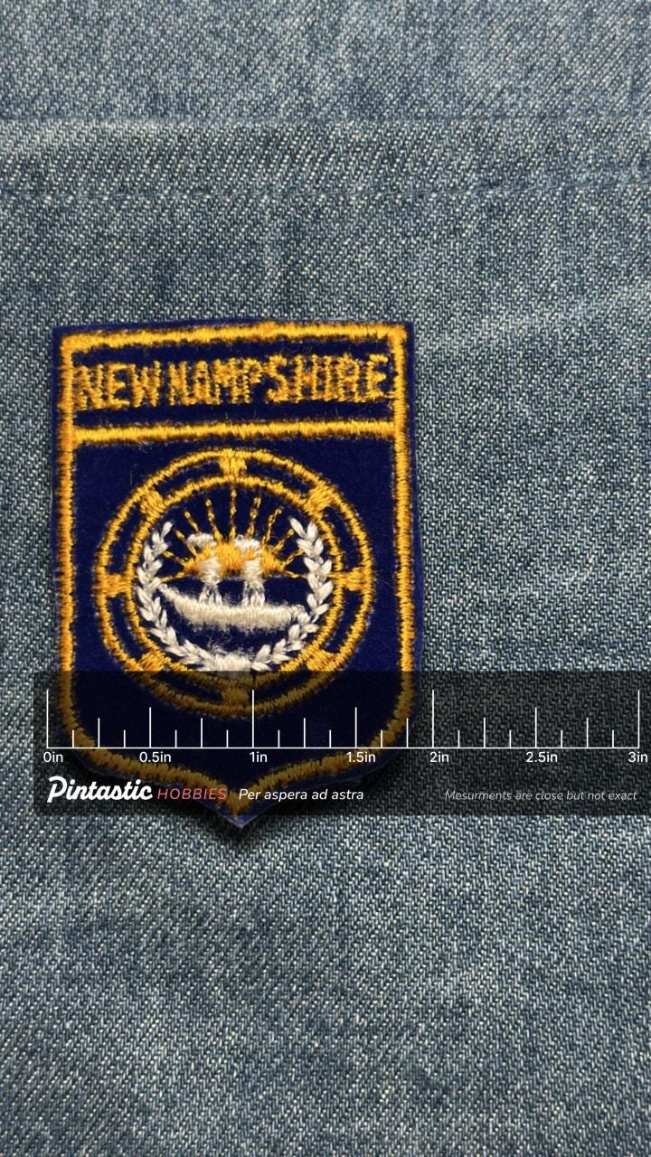 New Hampshire Sew-On Patch: Blue Gold Shield - Vintage Travel Accessory with ruler overlay for size reference