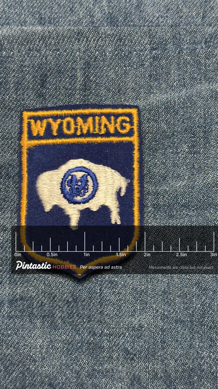 Wyoming Sew-On Souvenir Patch: Blue & Gold - Vintage Travel Accessory with ruler overlay for size reference