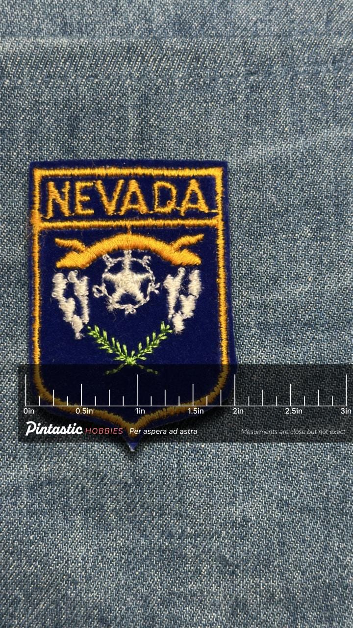 Nevada Sew-On Shield Patch: Blue & Gold Embroidered - Vintage State Souvenir with ruler overlay for size reference