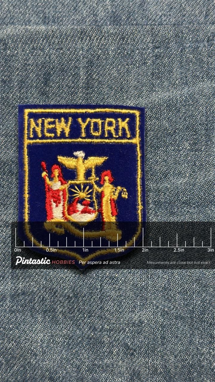 New York Sew-On Shield Patch: Navy & Gold - Vintage Travel Accessory with ruler overlay for size reference