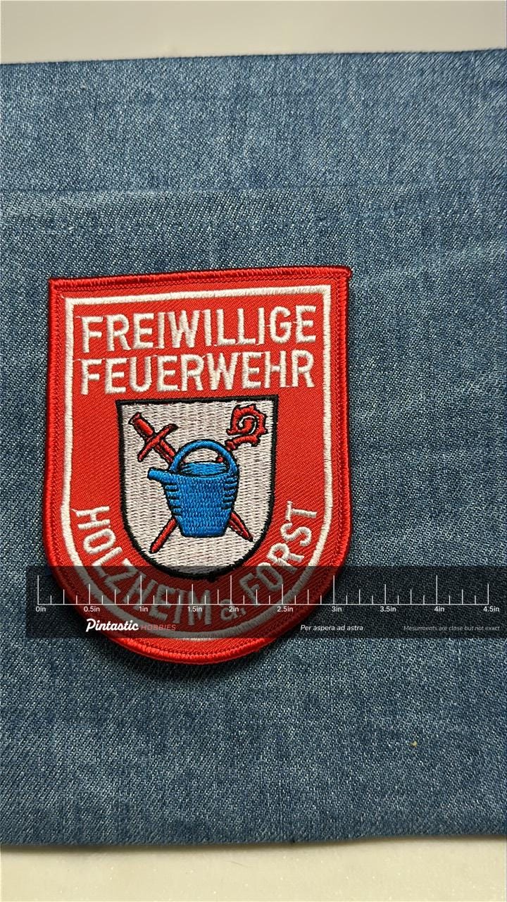 Freiwillige Feuerwehr Collectable Sew-On Patch: Red Shield - German Fire Dept. Accessory with ruler overlay for size referenc
