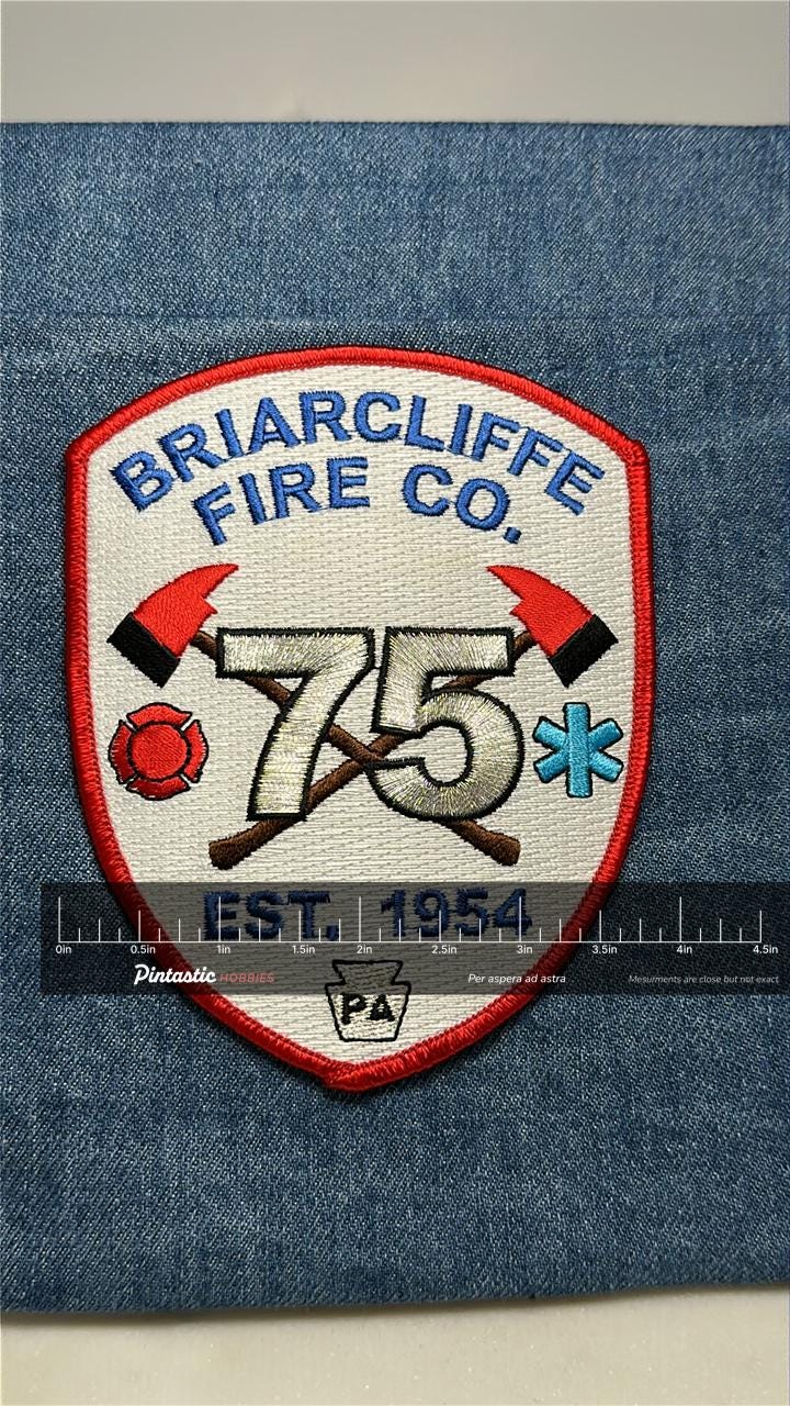 Briarcliffe Fire Co. Collectable Iron-On Patch: Red White Blue - Vintage Firefighter Accessory with ruler overlay for size re