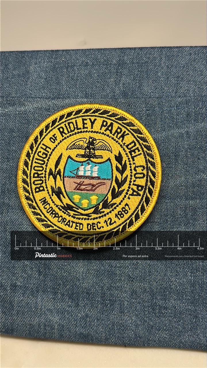 Ridley Park PA Collectable Patch: Sew-On Yellow Seal - Civic Theme Accessory with ruler overlay for size reference