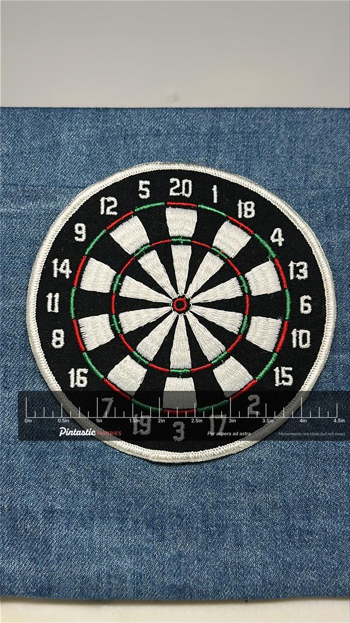 Dartboard Collectable Patch: Sew-On Black & White - Retro Game Accessory with ruler overlay for size reference
