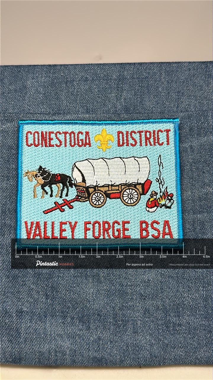 Conestoga District Patch: Sew-On Light Blue - BSA Collectible Accessory with ruler overlay for size reference