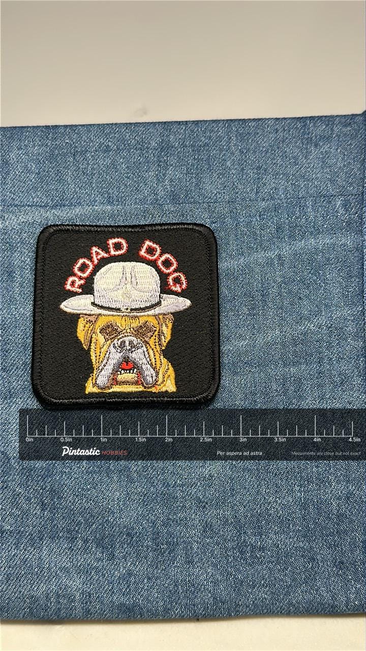Road Dog Collectable Patch: Iron-On Black Finish - Biker Style Accessory with ruler overlay for size reference