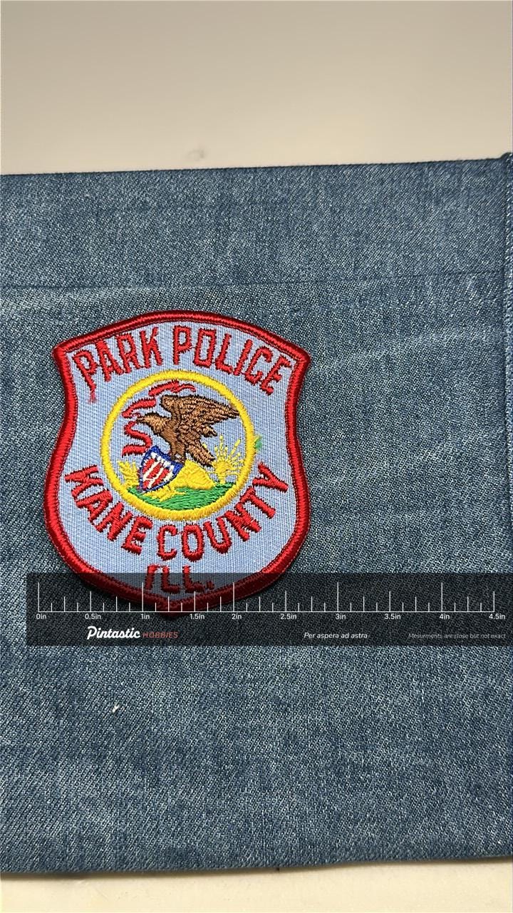 Park Police Kane County Patch: Iron-On Red Border - Vintage Law Accessory with ruler overlay for size reference