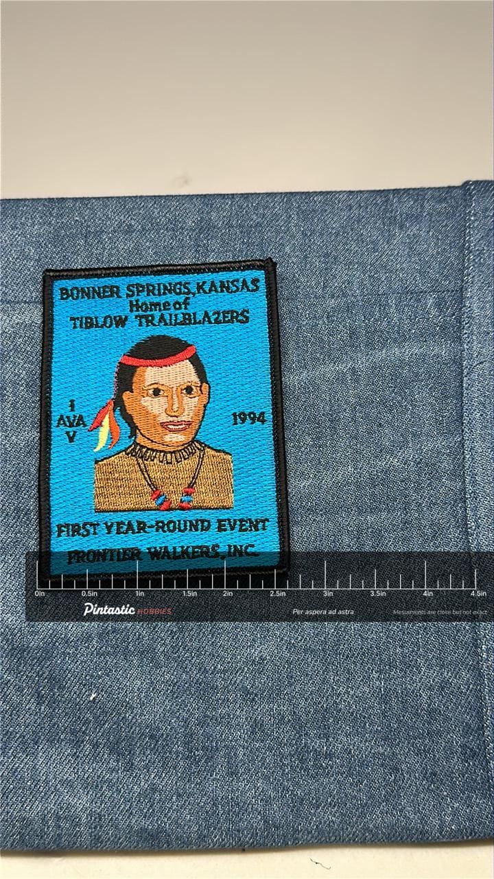 Tiblow Trailblazers Collectable Patch: Sew-On Multicolor - 1994 Event Accessory with ruler overlay for size reference