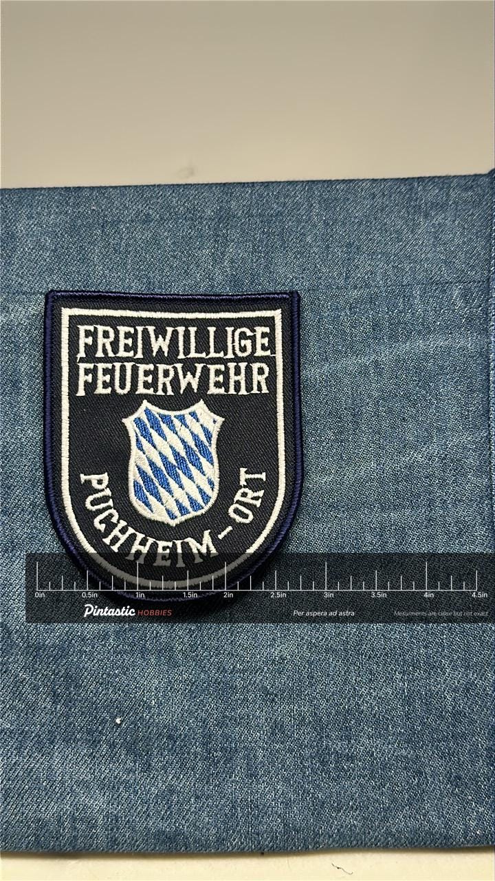 German Puchheim-Ort Fire Service Collectable Patch: Sew-On Navy Crest - Vintage Accessory with ruler overlay for size referen