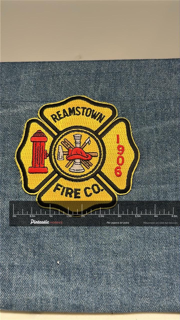 Reamstown Fire Co. Collectable Patch: Iron-On Yellow Shield - Firefighter Accessory with ruler overlay for size reference