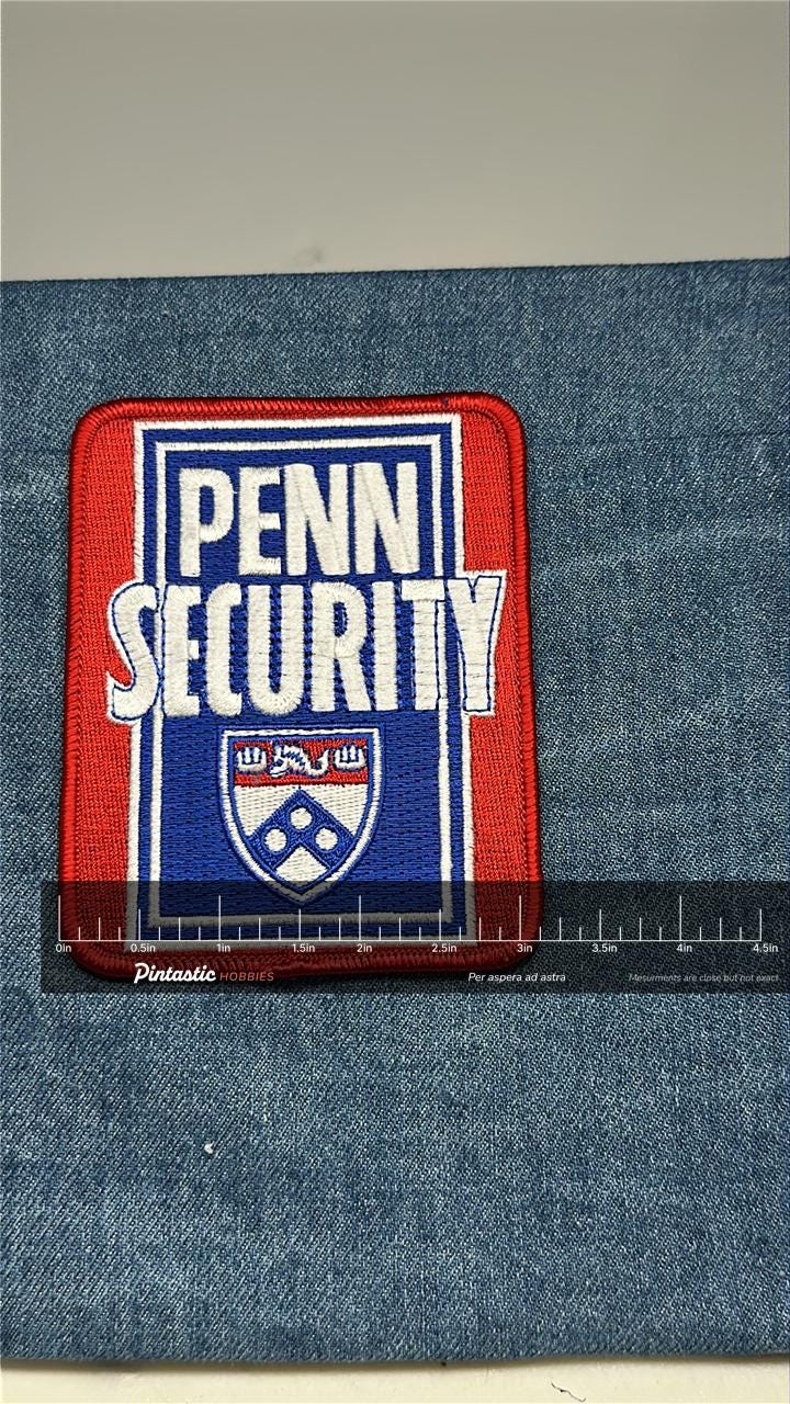 University of Penn Security Collectable Patch: Iron-On Bold Red-Blue - Campus Staff Accessory with ruler overlay for size ref