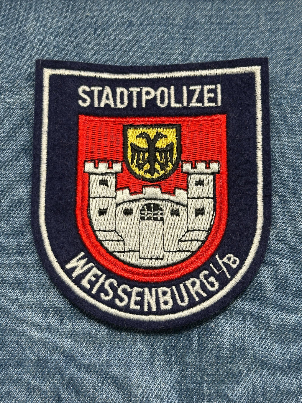 Stadtpolizei Weissenburg Collectable Patch: Sew-On Shield Red/Blue - German Police Accessory