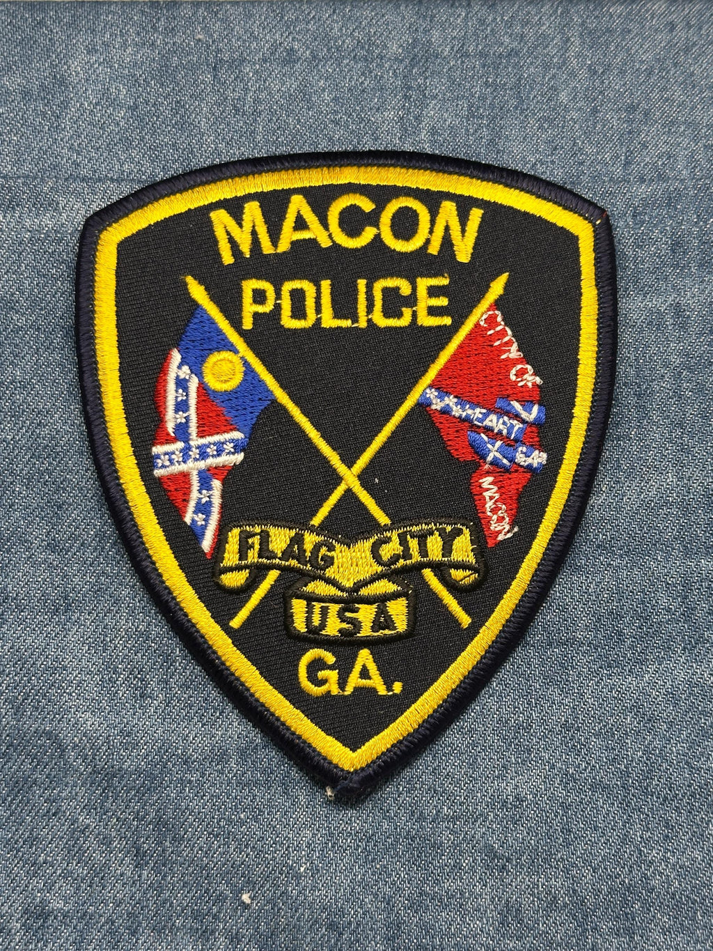 Macon Police Collectable Patch: Iron-On Black/Yellow Shield - Vintage Accessory