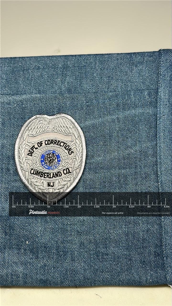 Cumberland Co. Dept of Corrections Collectable Patch: Iron-On Silver Shield - Government Accessory with ruler overlay for siz
