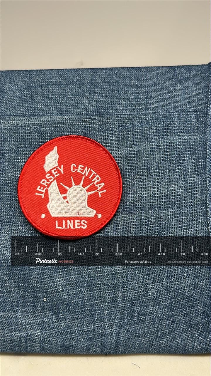 Jersey Central Lines Collectable Patch: Sew-On Red White - Railroad Accessory with ruler overlay for size reference