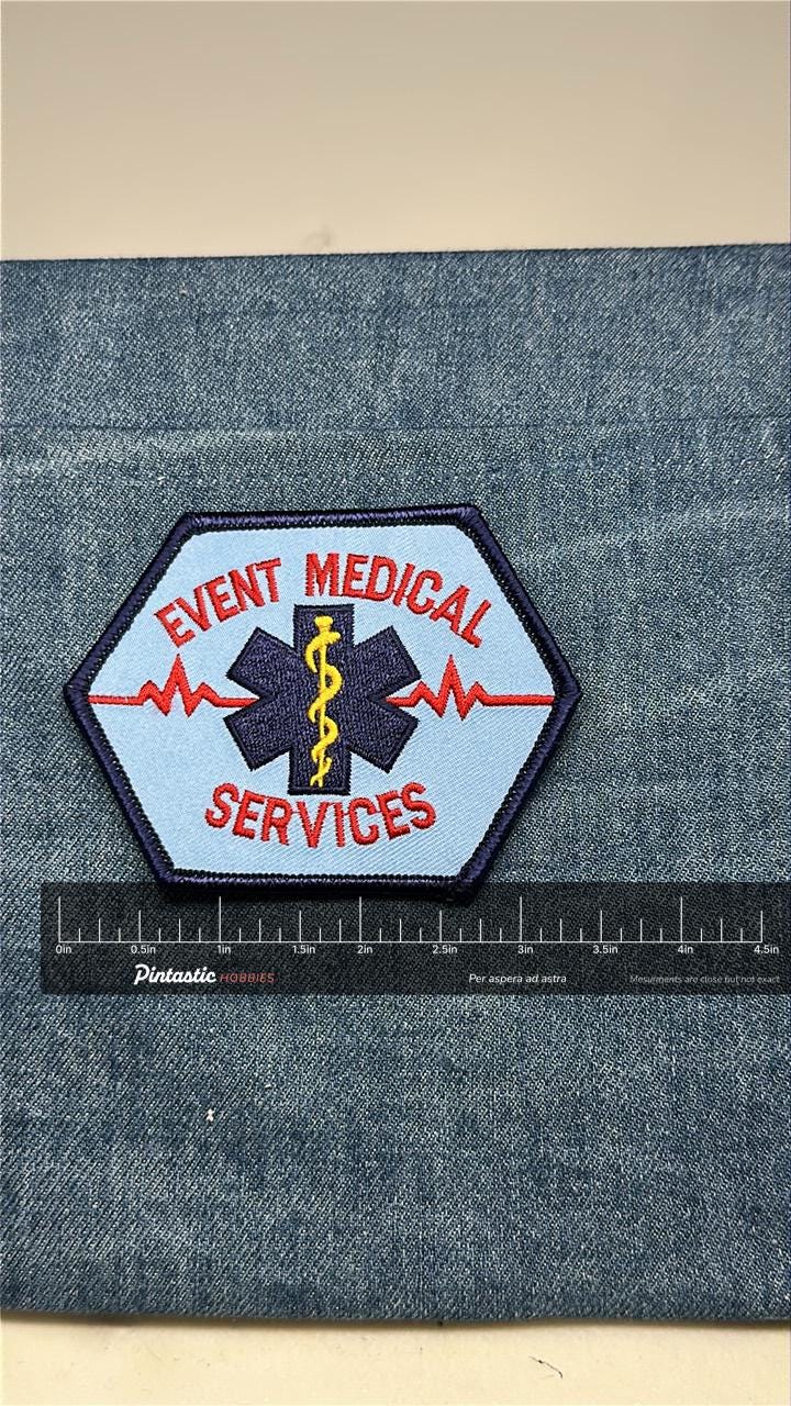 Event Medical Services Collectable Patch: Iron-On Blue Red - EMS Accessory with ruler overlay for size reference