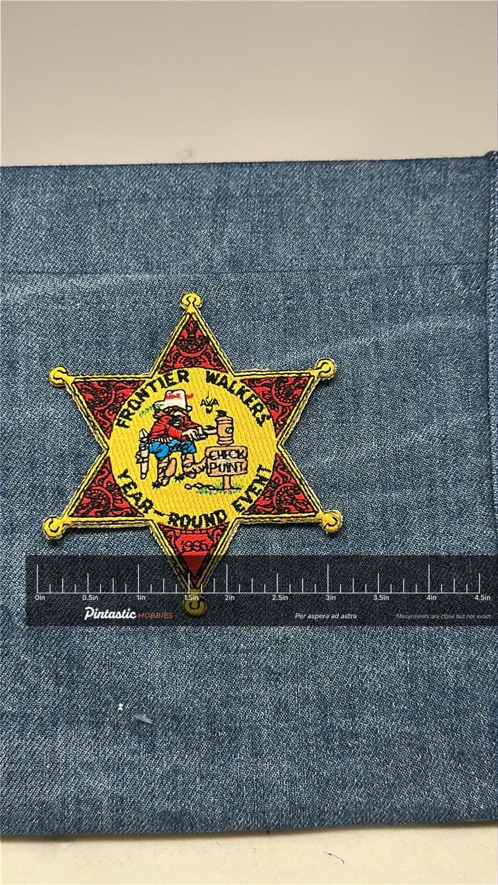 Frontier Walker Collectable Patch: Sew-On Star Badge Style - 1985 Event Accessory with ruler overlay for size reference