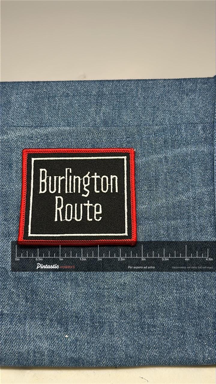 Burlington Route Collectable Patch: Sew-On Black Red White - Railroad Accessory with ruler overlay for size reference