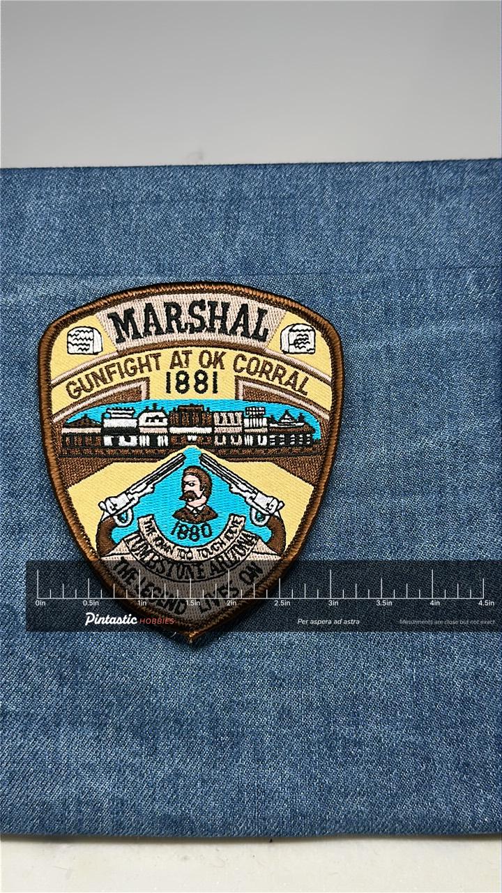OK Corral Marshal Collectable Patch: Sew-On Tan Shield - Western History Accessory with ruler overlay for size reference