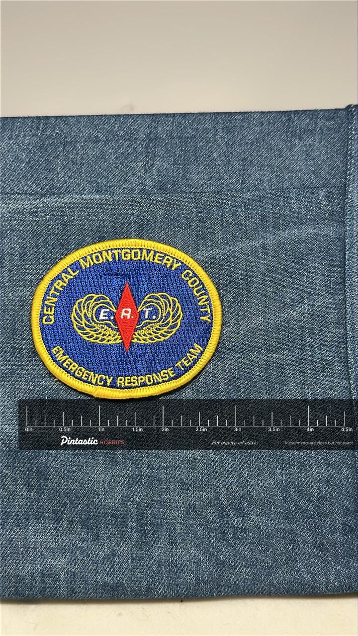 Central Montgomery County Emergency Response Team Patch: Iron-On Blue/Yellow - Rescue Accessory with ruler overlay for size r