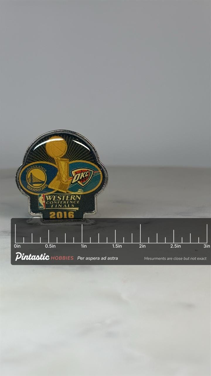 NBA Western Finals Pin: Warriors vs OKC - 2016 Sports Accessory with ruler overlay for size reference