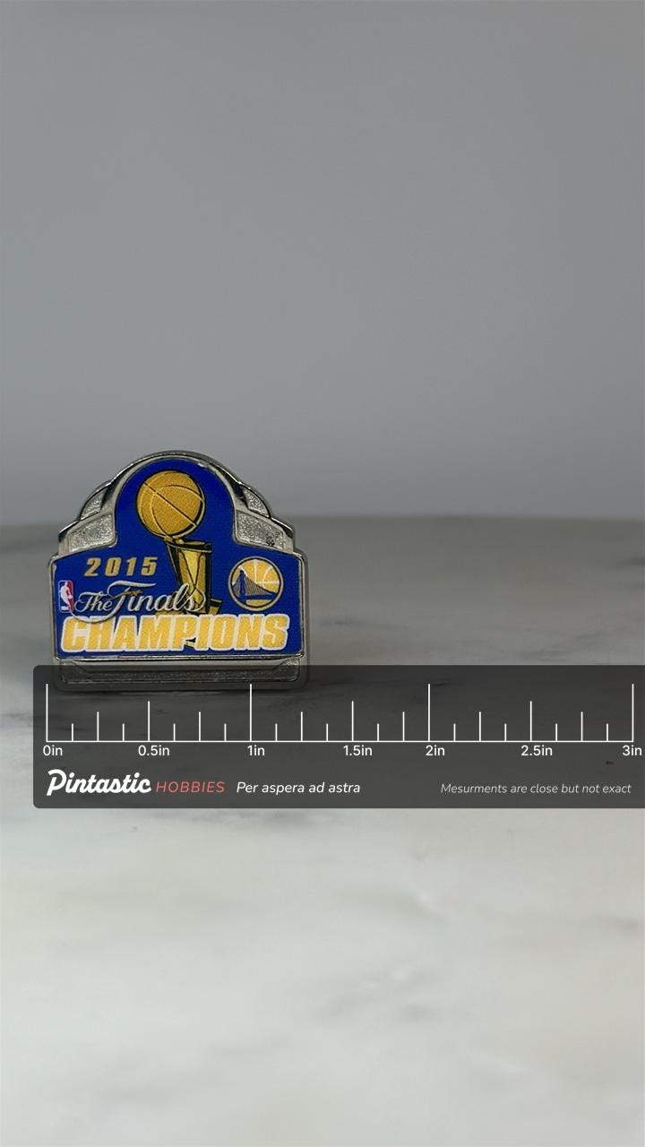 2015 Golden State Warriors NBA Finals Champions Pin: Blue Silver Enamel - Sports Memorabilia Accessory with ruler overlay for