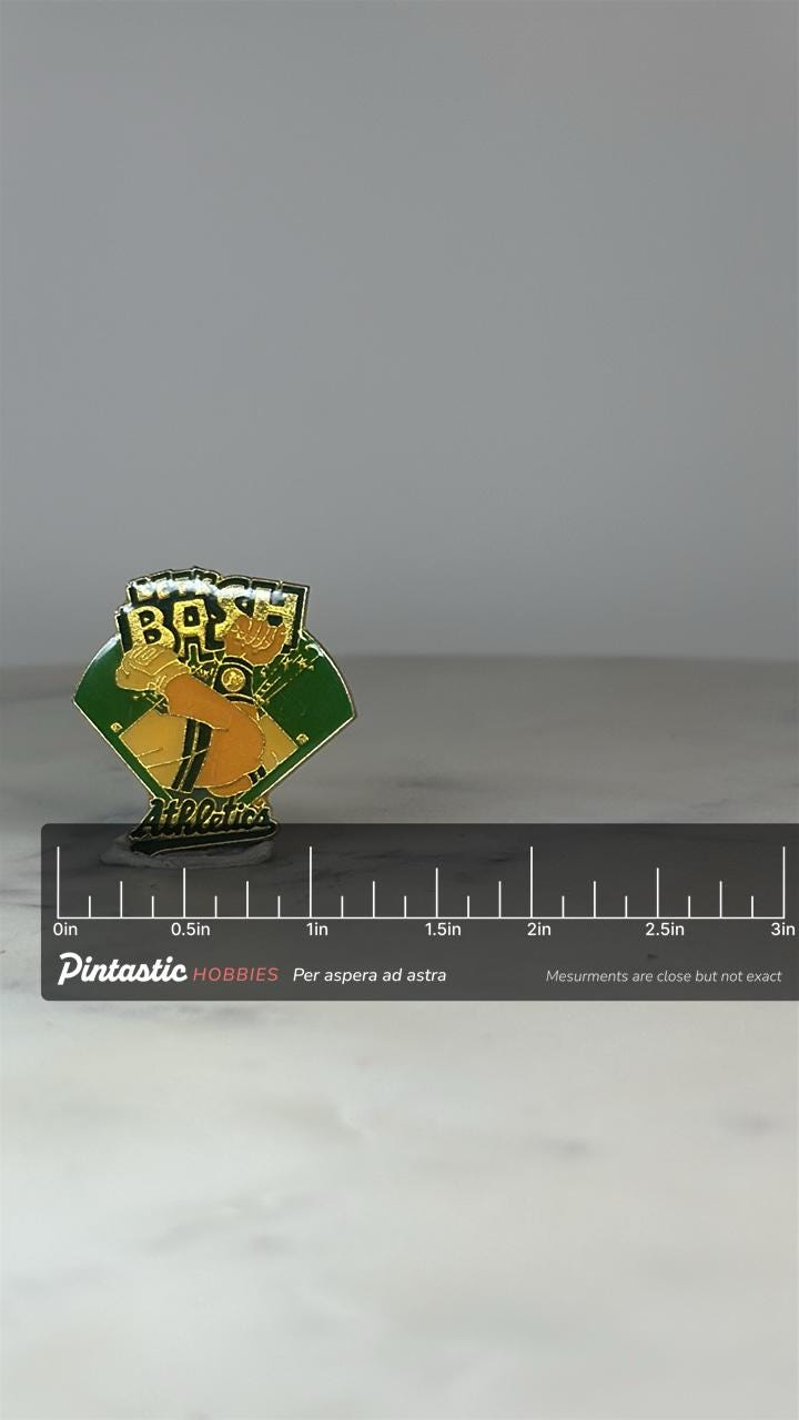 Oakland Athletics Pin: Gold Green Enamel - 90s Baseball Accessory with ruler overlay for size reference