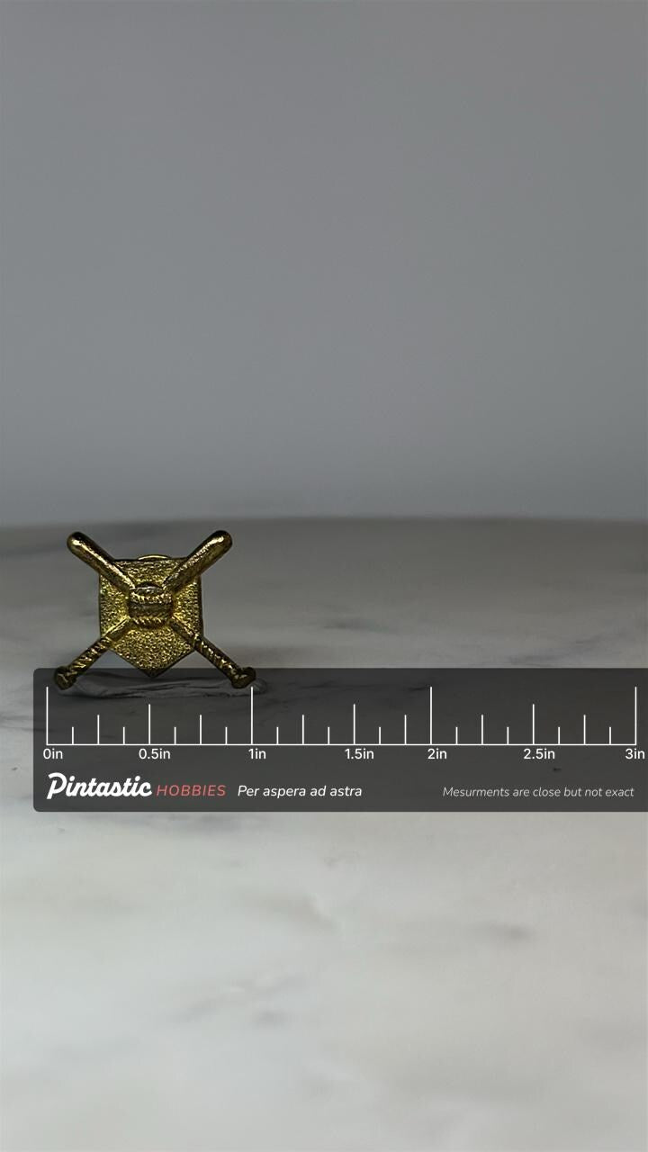 Baseball Crossed Bats Pin: Gold Tone Finish - Vintage Sports Accessory with ruler overlay for size reference