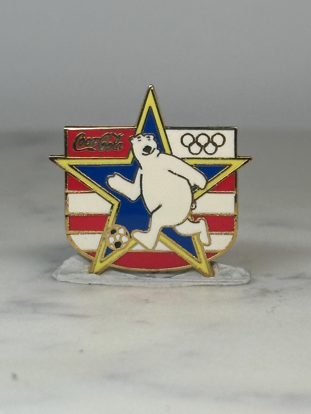 Coca-Cola Olympic Soccer Bear Pin: Red White Blue Enamel - 1990s Sports Accessory