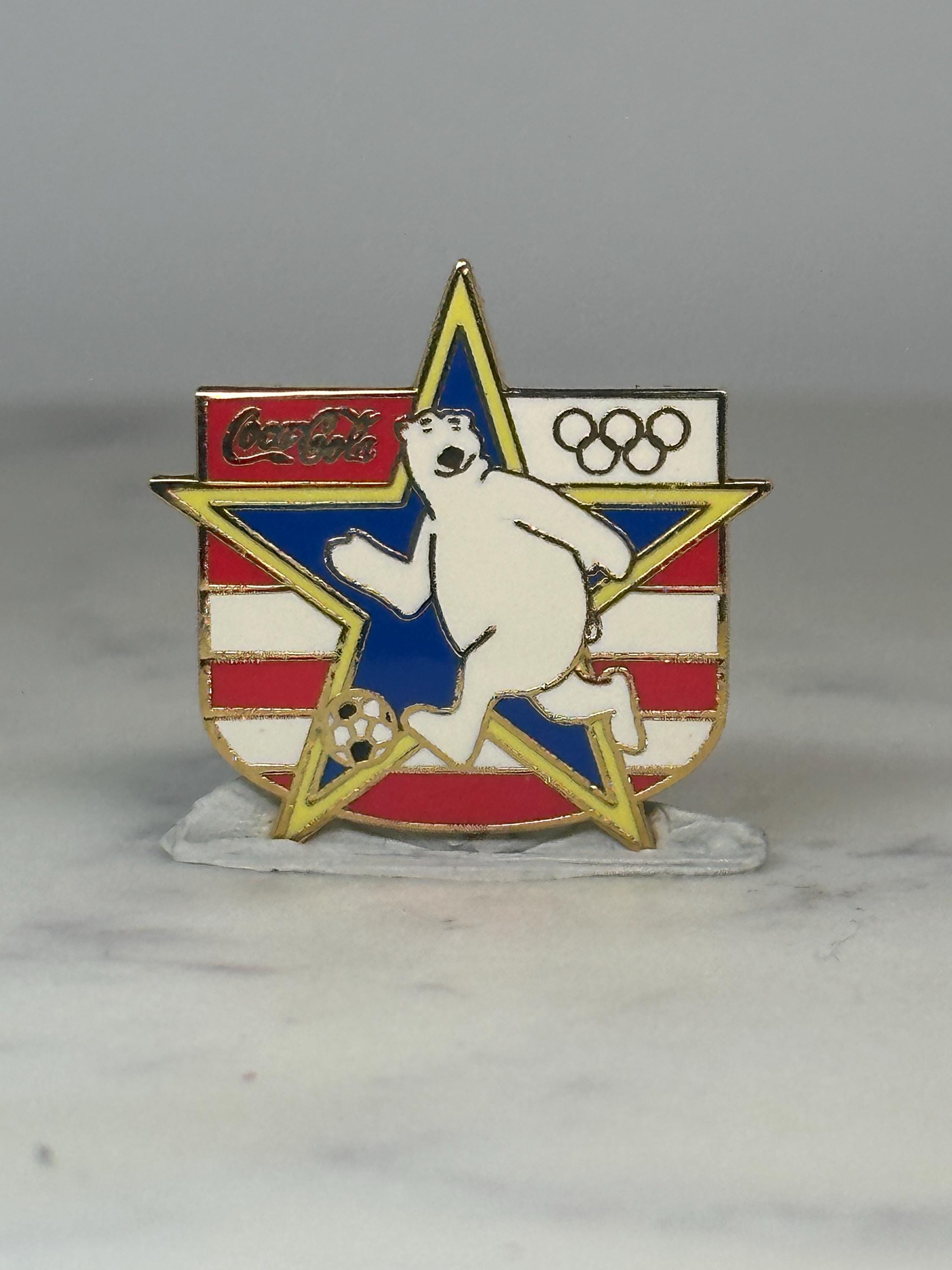 Coca-Cola Olympic Soccer Bear Pin: Red White Blue Enamel - 1990s Sports Accessory