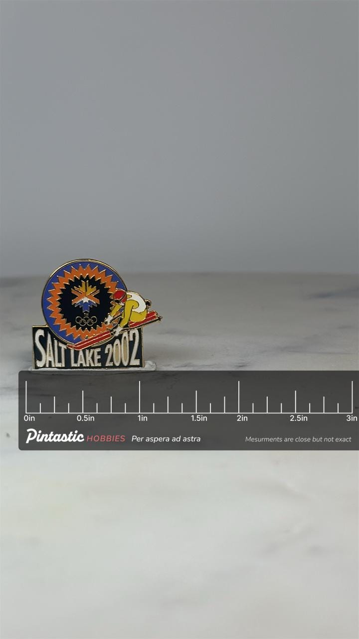 Salt Lake 2002 Olympic Pin: Skiing Theme Enamel - Winter Sports Accessory with ruler overlay for size reference