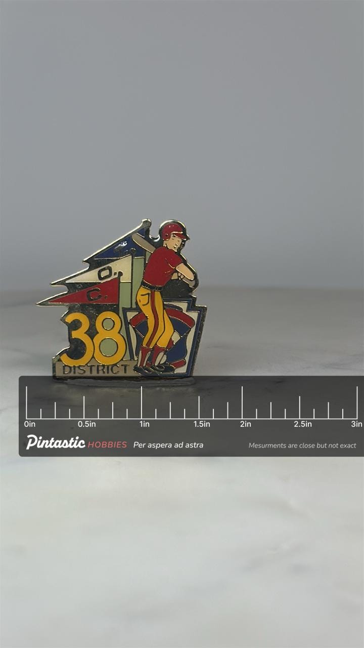 District 38 Little League Baseball Pin: Red Yellow Enamel - Vintage Sports Accessory with ruler overlay for size reference