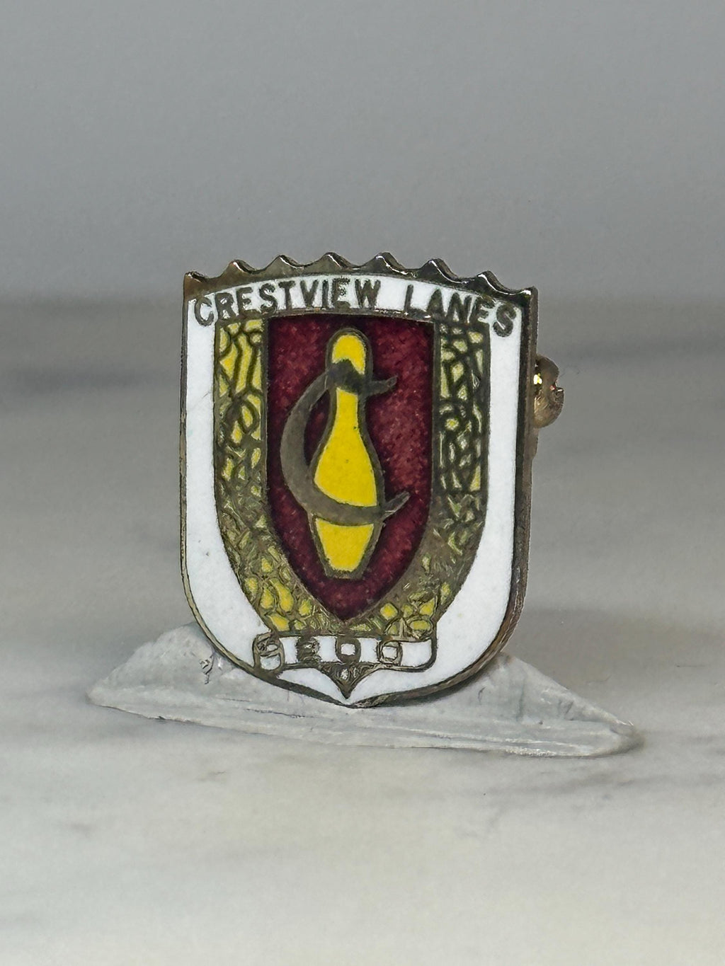 Crestview Lanes 200 Bowling Pin: Red White Gold Enamel - Mid-Century Accessory