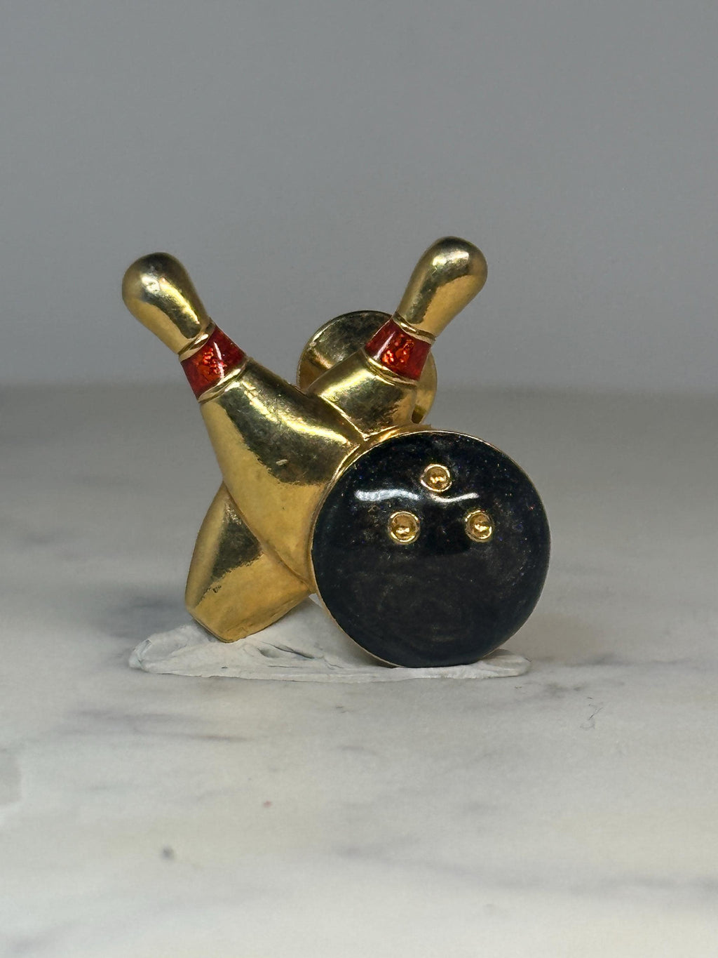 Bowling Pins Tie Tac: Gold & Black Enamel - Retro Sports Accessory