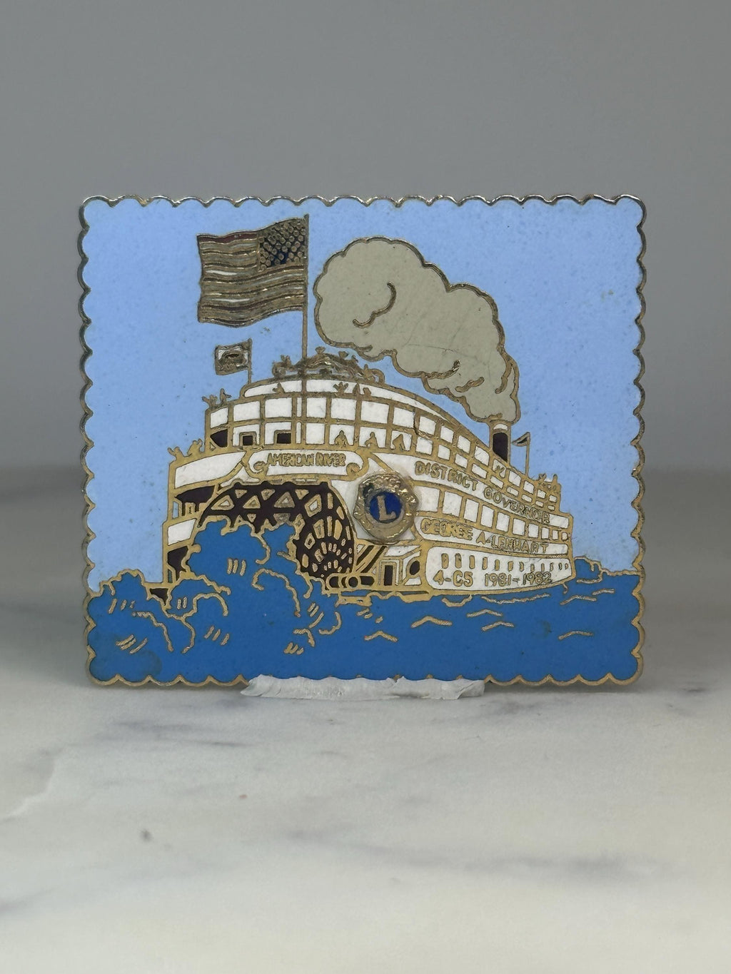 Riverboat Lions Club Pin: Blue & Gold Enamel - 1980s Organization Accessory