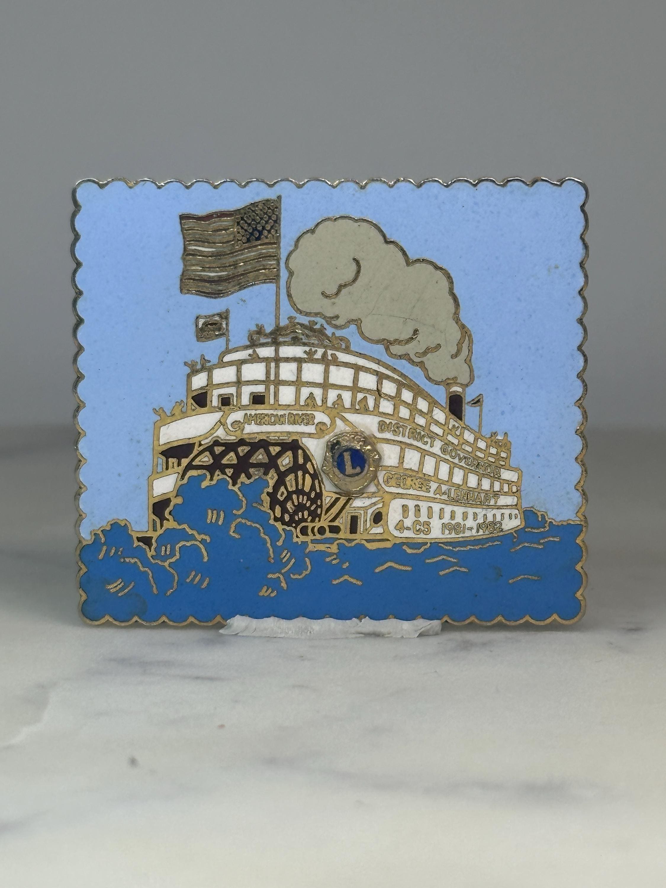 Riverboat Lions Club Pin: Blue & Gold Enamel - 1980s Organization Accessory