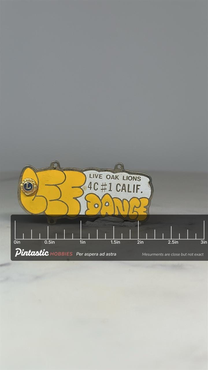 Live Oak Lions CEF Dance Pin: Yellow Enamel - California Club Accessory with ruler overlay for size reference