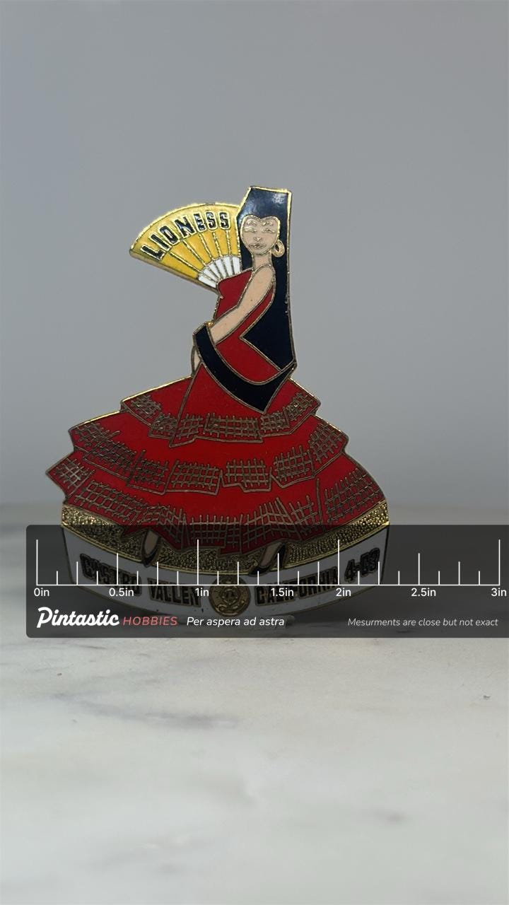 Lioness Dancer Pin: Red Dress Enamel - California Club Accessory with ruler overlay for size reference
