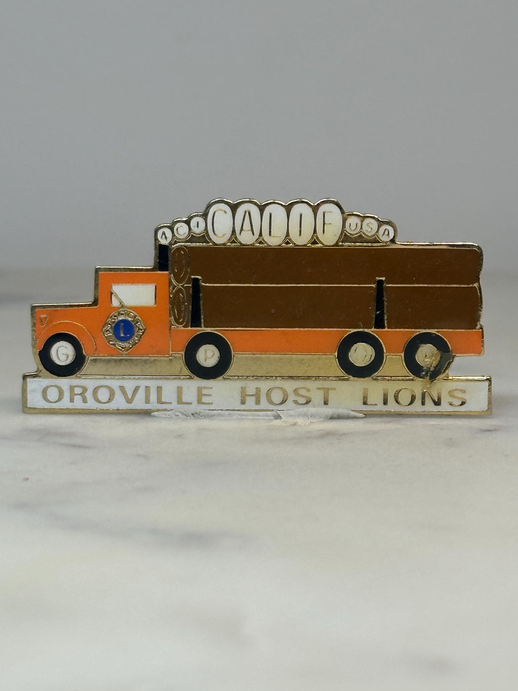 Oroville Host Lions Truck Pin: Orange Enamel Gold-Tone - California Club Accessory